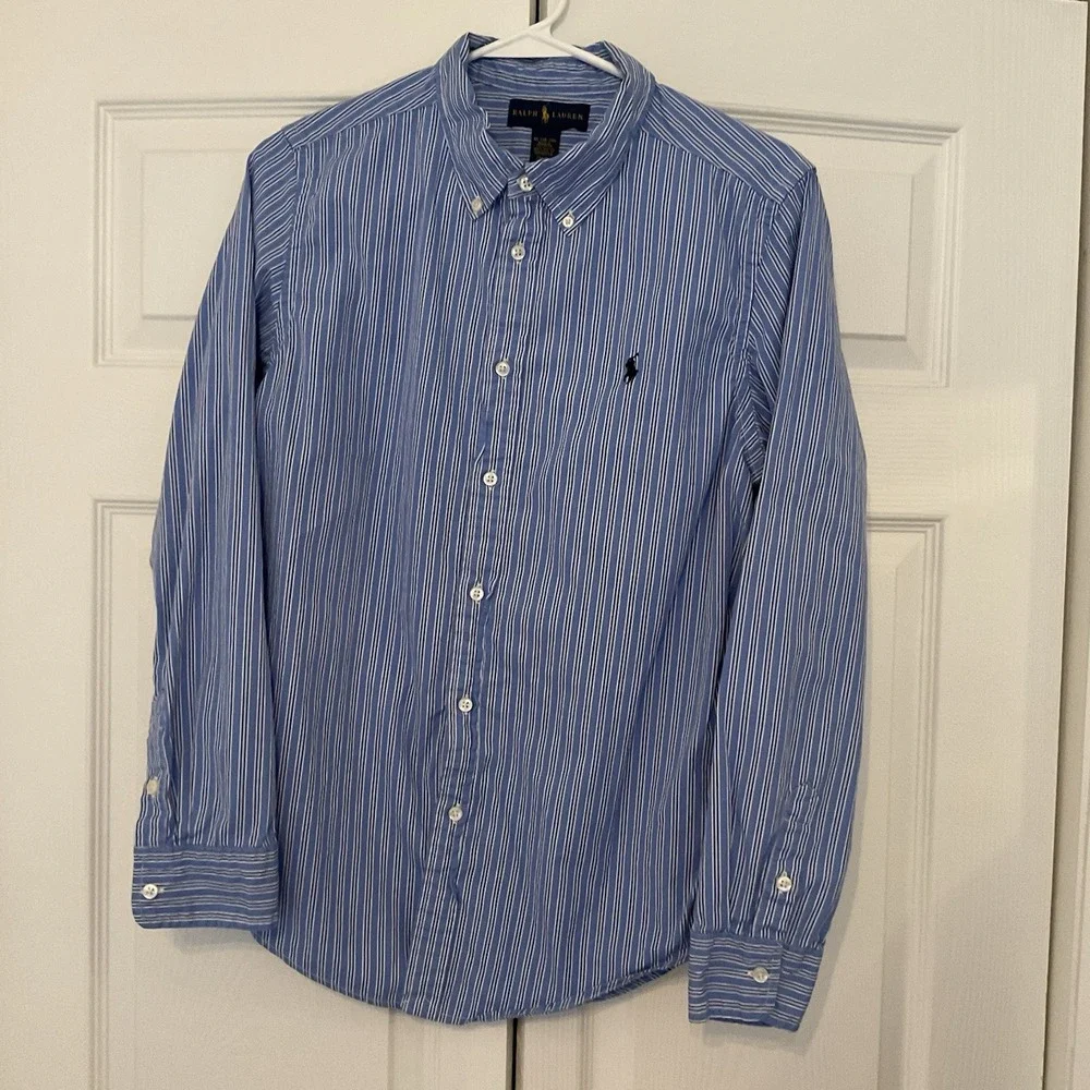 Ralph Lauren Young Mens XL 18-20 Blue Striped Long Sleeve Shirt Boys Cotton Polo